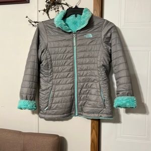 North Face girls Xl 18 reversible jacket mint green fleece on one side gray